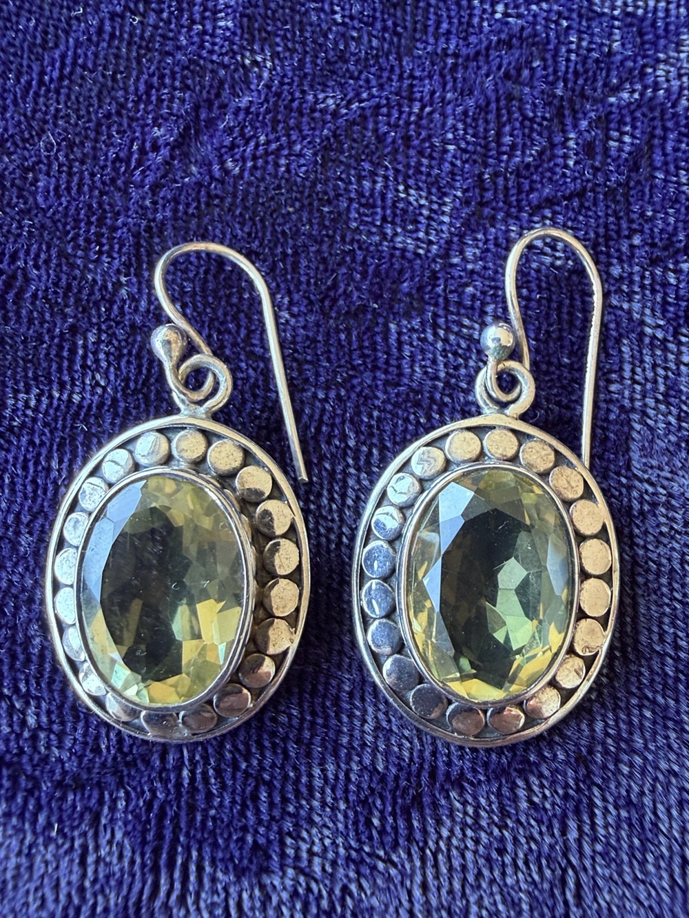 Vintage 925 sterling silver drop earrings with large yellow citrine
